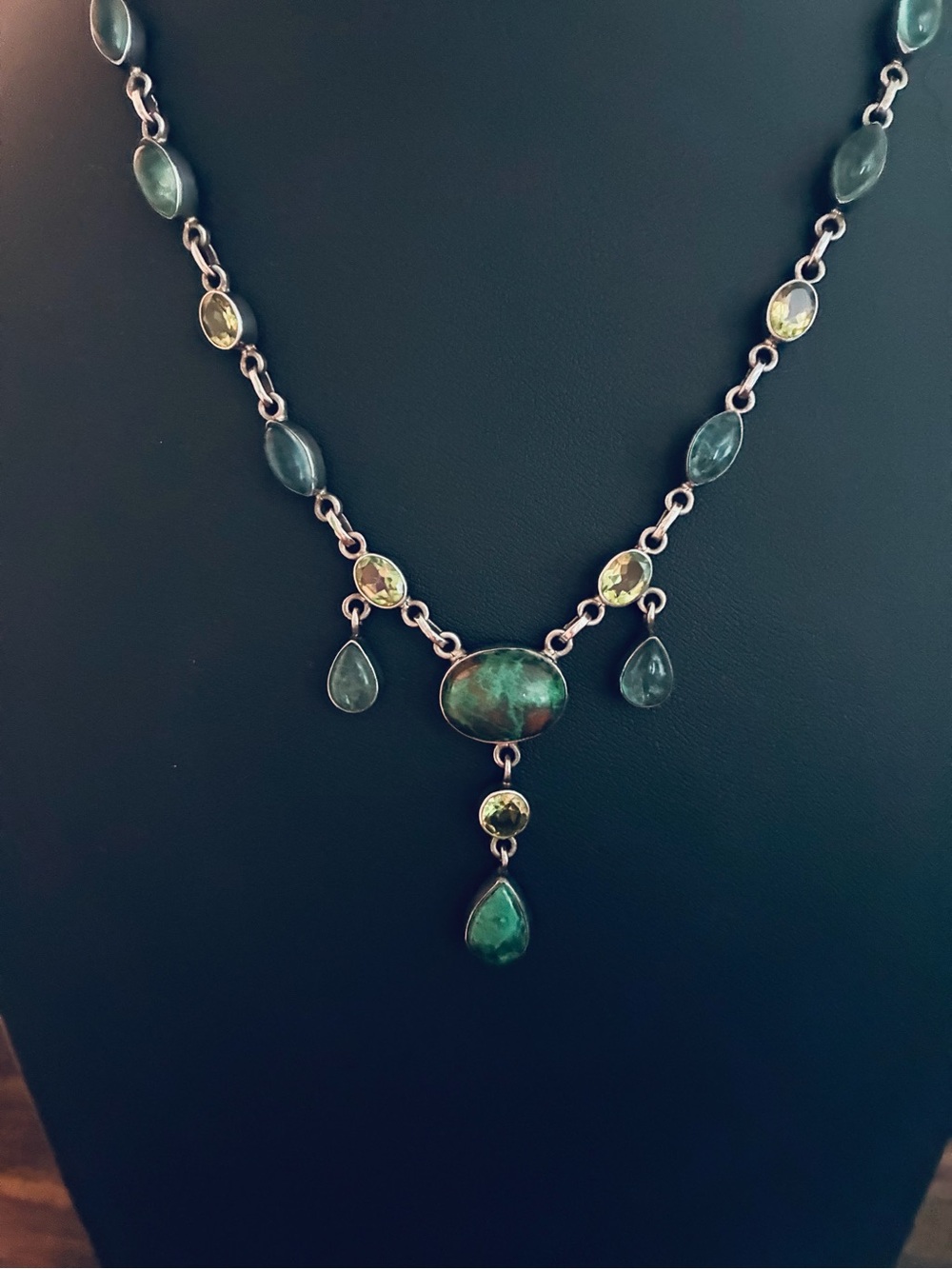 Nicky Butler Chyrsocolla Apatite Peridot Necklace 18" Drape Drop Blue Green
